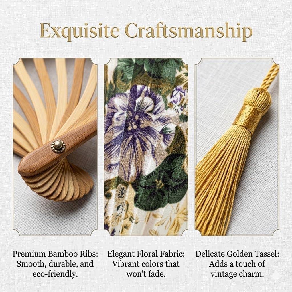 Vintage Floral Folding Hand Fan with Tassel, Chinese Style Fabric Hand Fan for Wedding, Dance, and Home Decor, Portable Elegant Fan for Women (Green Floral)