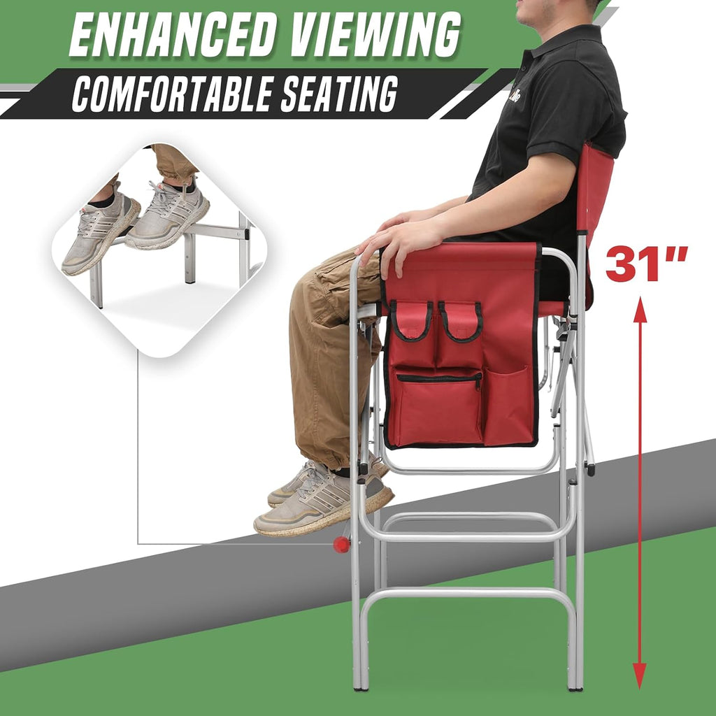 Directors Chair, 31“Tall Foldable Camping Chairs, Folding Aluminum Frame Vanity Chair, Makeup Artist Chair, Portable Camping Chair with Side Table, Cup Holder and Pockets, 250lbs Capacity (Cherry Red)