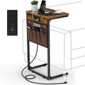 Vagusicc C Shaped End Table with Charging Station, 28" Tall Couch Side Table, Sofa Table Beside Table, Slide Under Sofa Arm C Table for Small Spaces, TV Tray Table for Living Room, Bedroom, Brown