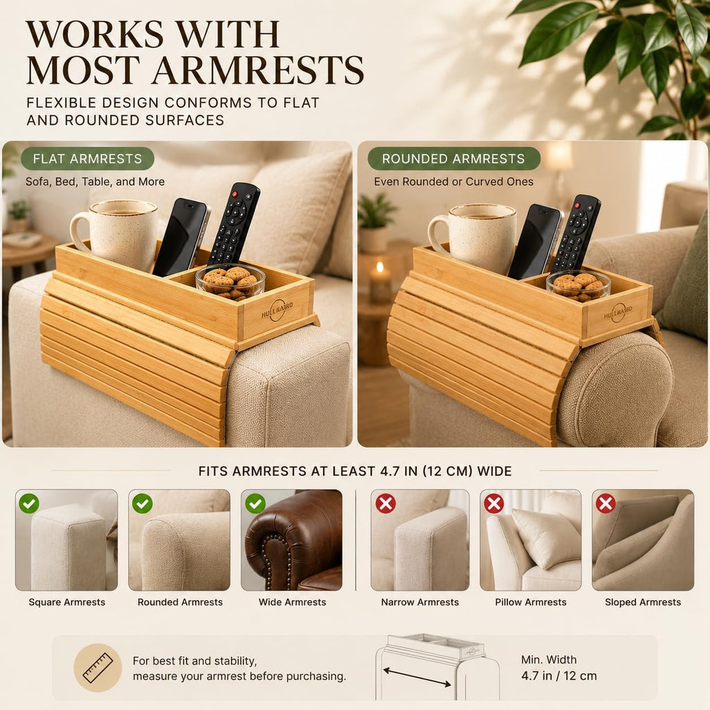 Bamboo Sofa Armrest Tray - Foldable Couch Arm Tray with Cup Holder - 2 in 1 Anti-Slip Sofa Armchair Caddy Table for Drinks, Phone, TV Remote, Snacks