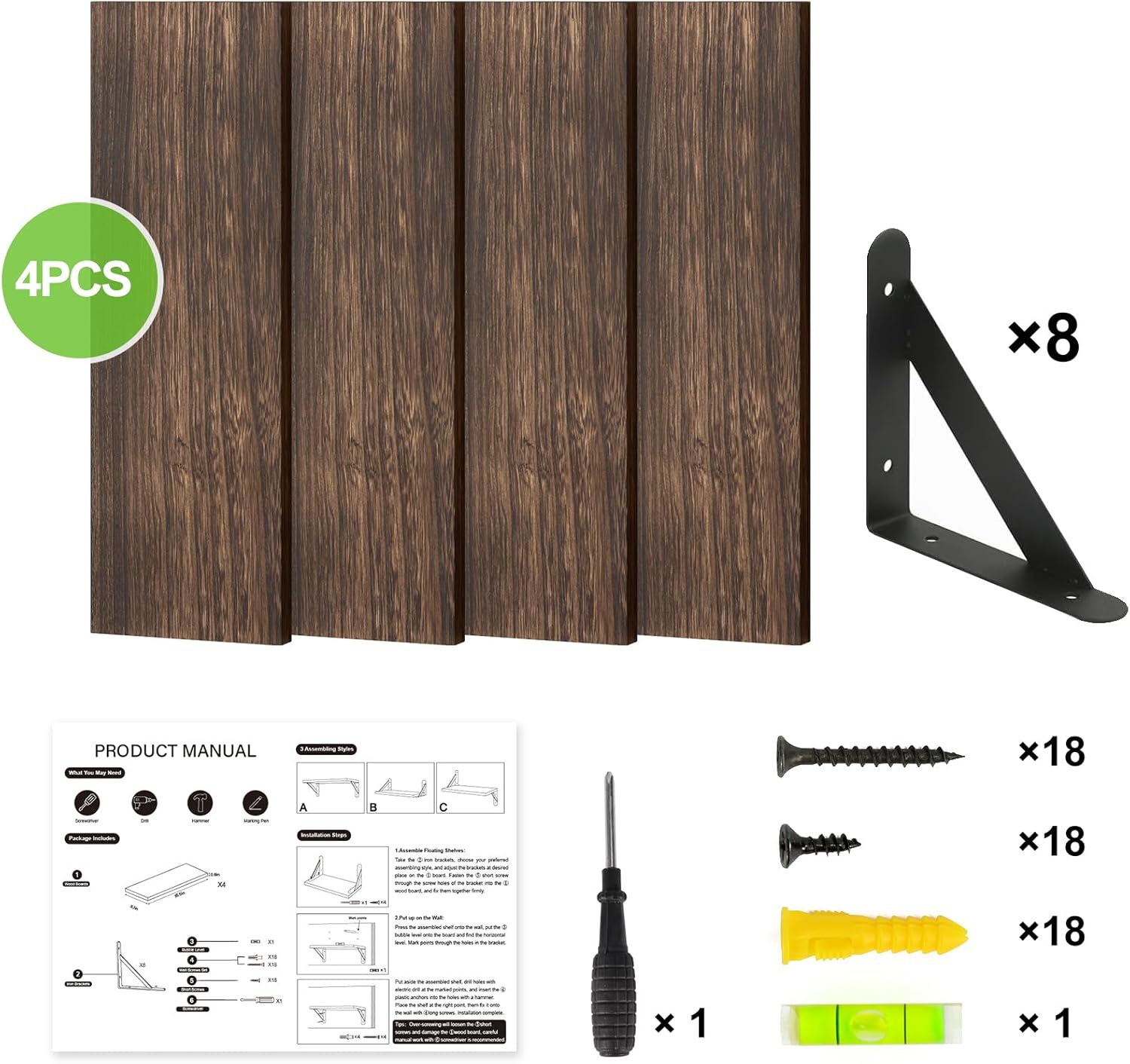 Fixwal Floating Shelves for Wall, Wood Wall Mounted Shelves for Bedroom, Bathroom, Living Room, Kitchen Storage and Decor(Brown, Set of 4, 16.5 Inch)