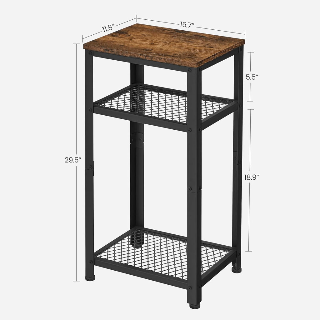 VASAGLE 3-Tier Tall Side Table, Small Telephone End Table Stand with 2 Mesh Storage Shelves for Office, Bedroom, Living Room, Kitchen Cart, Rustic Brown and Ink Black