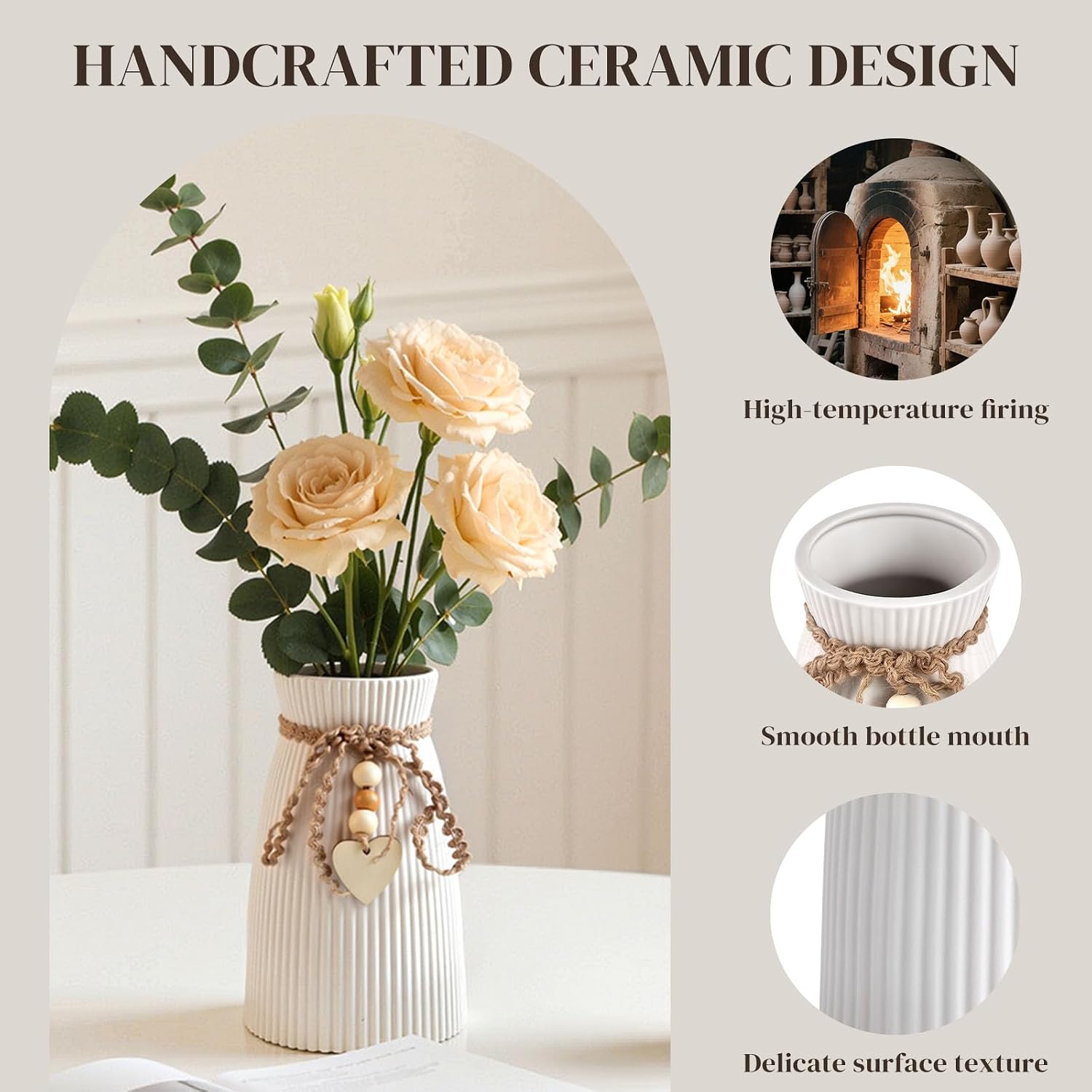 DomeStar White Ceramic Vase, 6.3" Tall Small Flower Vase for Pampas Grass, Home, Living Room, Dining Table, Farmhouse, Office Decor, Bedroom, Table, Kitchen Shelf, Minimalist Modern Home Decoration