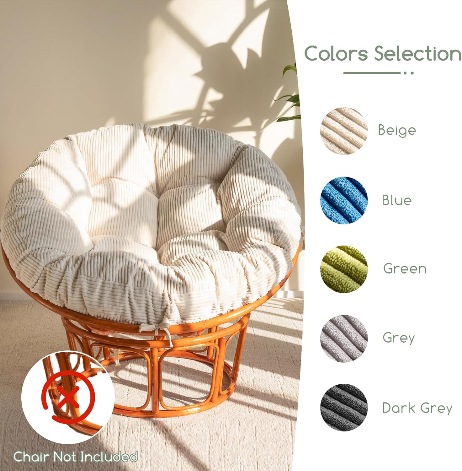 HIGOGOGO Papasan Chair Cushion with Corduroy Cover (Without Chair), 48 x 48 Inch Supportive Cushion, Overstuffed Chair Cushion,Beige