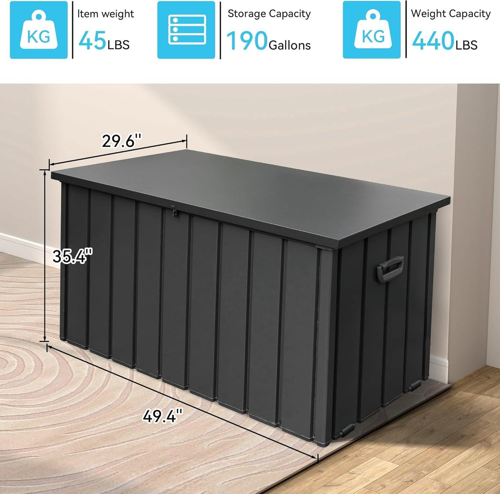 Galvanized Steel Outdoor Storage Box Lockable Bench with Hydraulic Lid Wheels for Patio Backyard Pool Cushions Tools Package Storage (Dark Brown)