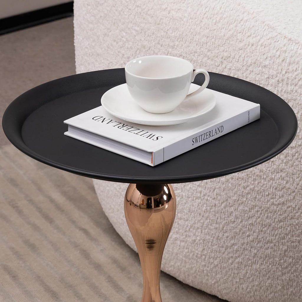 15.7" Round Side Table Gold Metal Pedestal, Hourglass Mermaid Tail Art Deco End Table, Modern Minimalist Accent Drink Martini Table for Small Spaces, Living Room Apartment Cafe (Black)