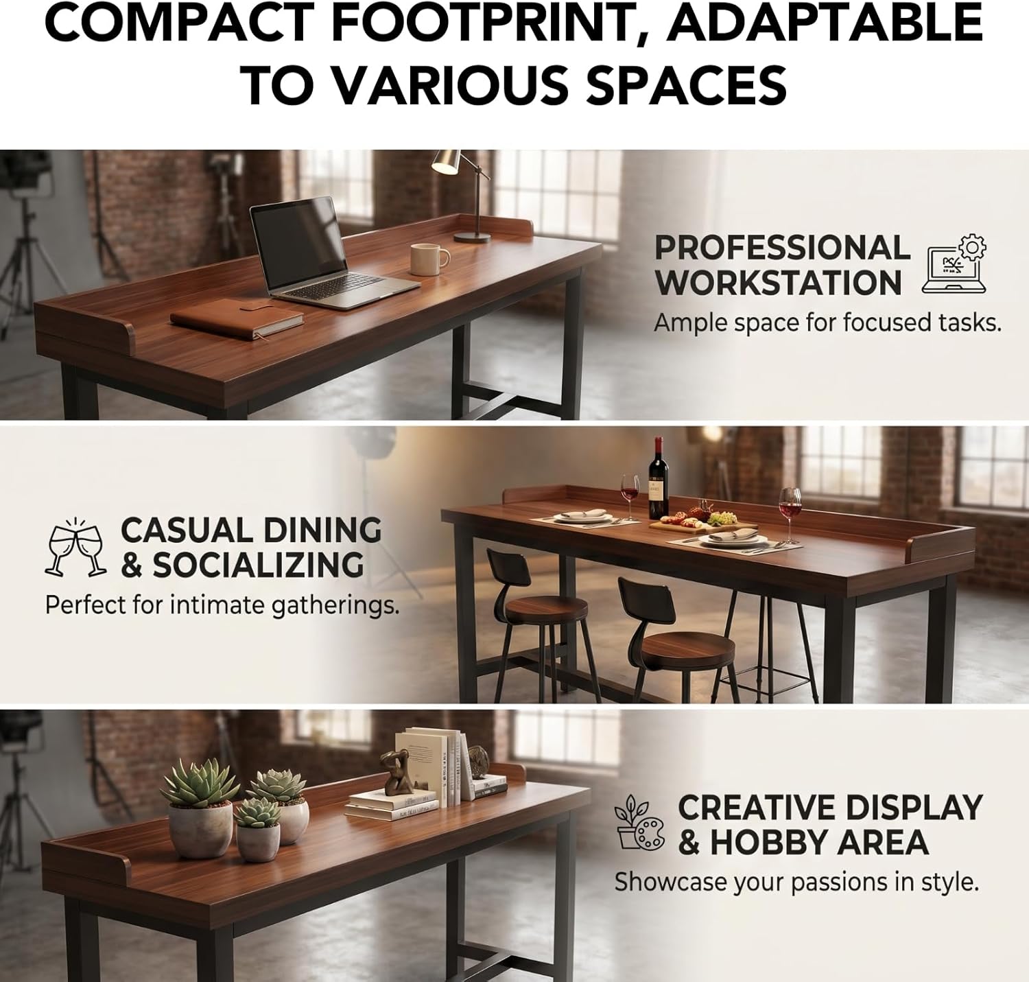 Narrow Bar Table with Edge Panel, Bar Height Tables Solid Wood, Industrial Rectangular Counter Height Table, Long Pub Tables for Small Space Living Room, Behind Couch or Coffee Shop