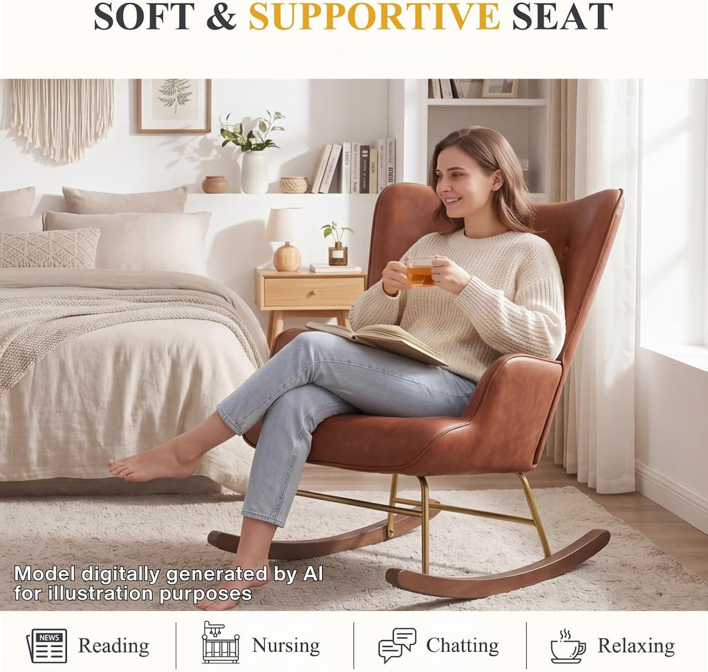 CIMOTA Nursery Rocking Chair, Faux Leather Upholstered Glider Chair with High Wingback, Nursery Rocker with Solid Wood & Metal Frame, Comfy Lounge Accent Chair for Living Room/Bedroom/Nursery, Brown
