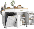 VVFLU 51.8" Kitchen Island Cart with Trash Can Storage, Kitchen Island on Wheels with Power Outlet & Drop Leaf, Rolling Kitchen Cart with Towel Rack & Spice Rack, Mobile Islands Table for Kitchen