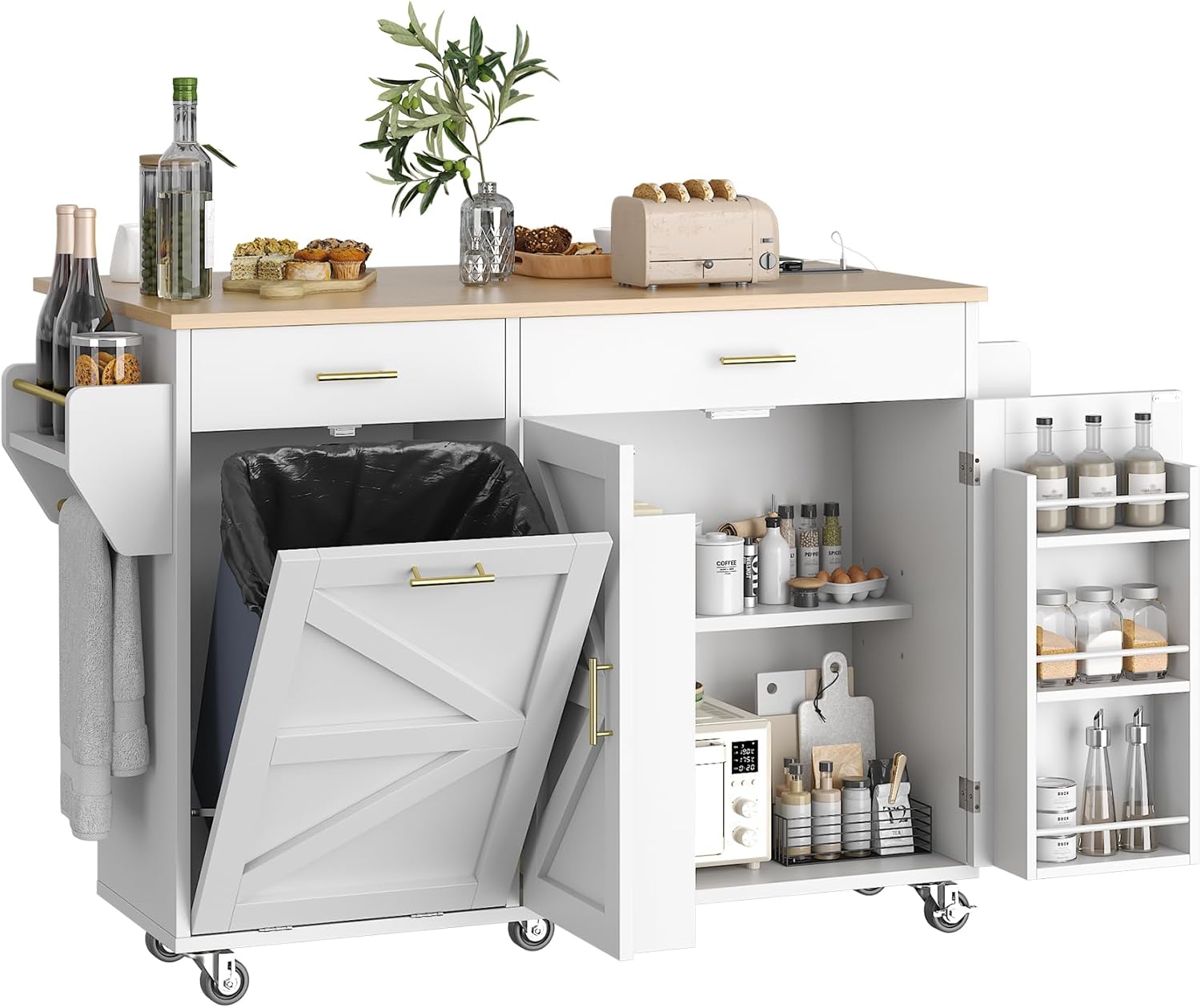 VVFLU 51.8" Kitchen Island Cart with Trash Can Storage, Kitchen Island on Wheels with Power Outlet & Drop Leaf, Rolling Kitchen Cart with Towel Rack & Spice Rack, Mobile Islands Table for Kitchen