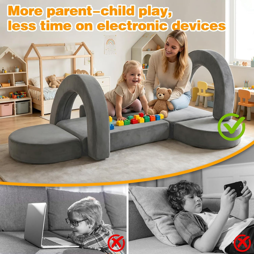 PY HOME & SPORTS Kids Modular Sofa Play Set, 7-Piece Creative Foam Couch for Children, Soft Coral Fleece, Multiple Configurations, Improves Hands-On Skills & Imagination, Compressed Packaging