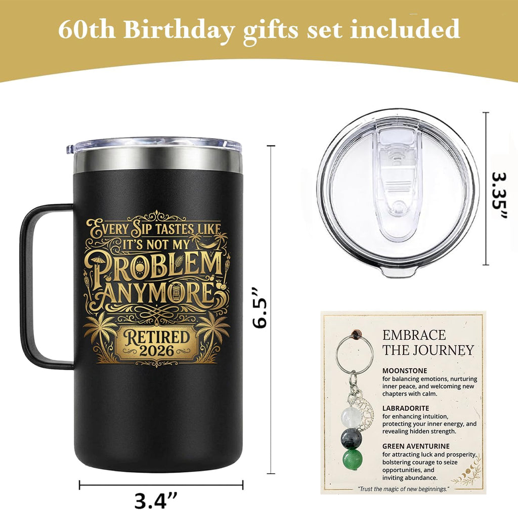 CHICKOR Retirement Gift for Woman Men 2026 + Natural stone Keychain – Every Sip Tastes Like It's Not My Problem Anymore – Funny Retirement Gifts Coworker Teacher Nurse – Travel Mug with Handle 24 oz