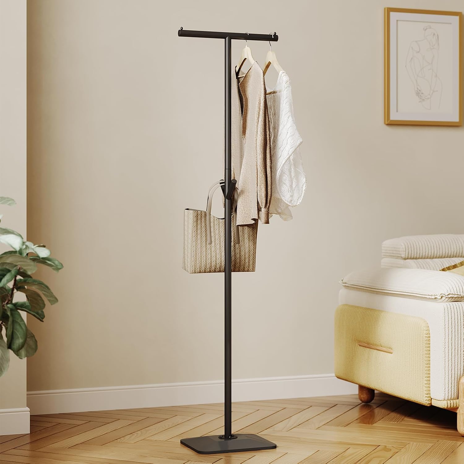 Modern Coat Rack Freestanding,Metal Standing Coat Rack Coat Tree with a geometric cast iron base and hooks,T Shaped Coat Hanger Stand for Coats, Hats, Bags, Purses, for Entryway, Hallway