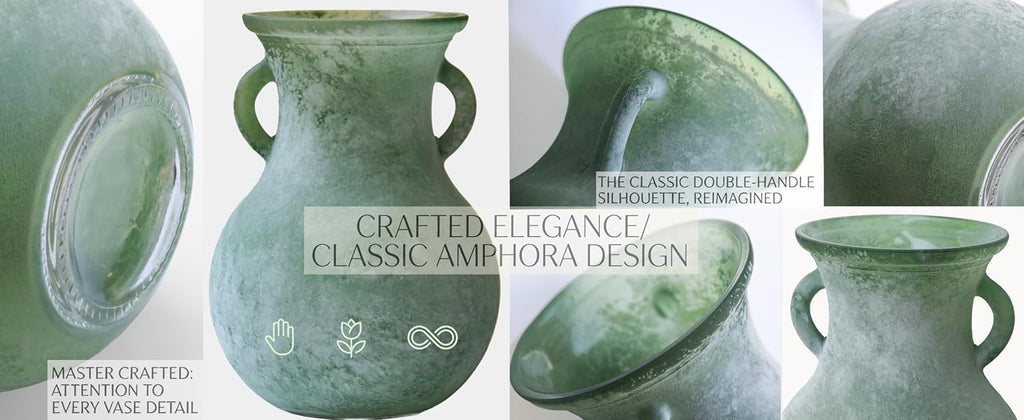 7.9in Green Glass Vintage Vase, Art Deco Double Eared Antique Marble Texture Vase