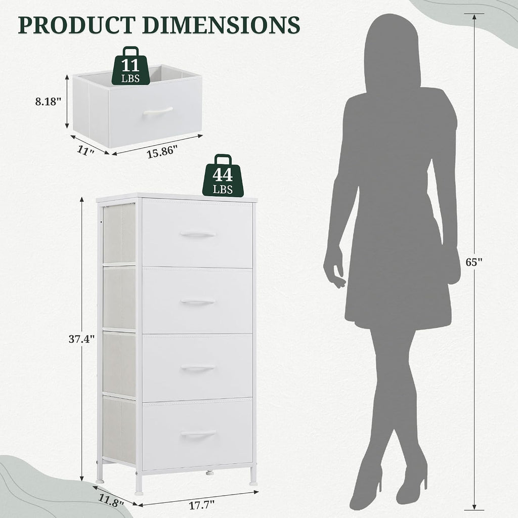 4 Drawers Dresser for Bedroom Fabric Storage Tower with Wooden Top | Steel Frame Tall Chest of Drawers for Closet, Entryway, Dorm, White