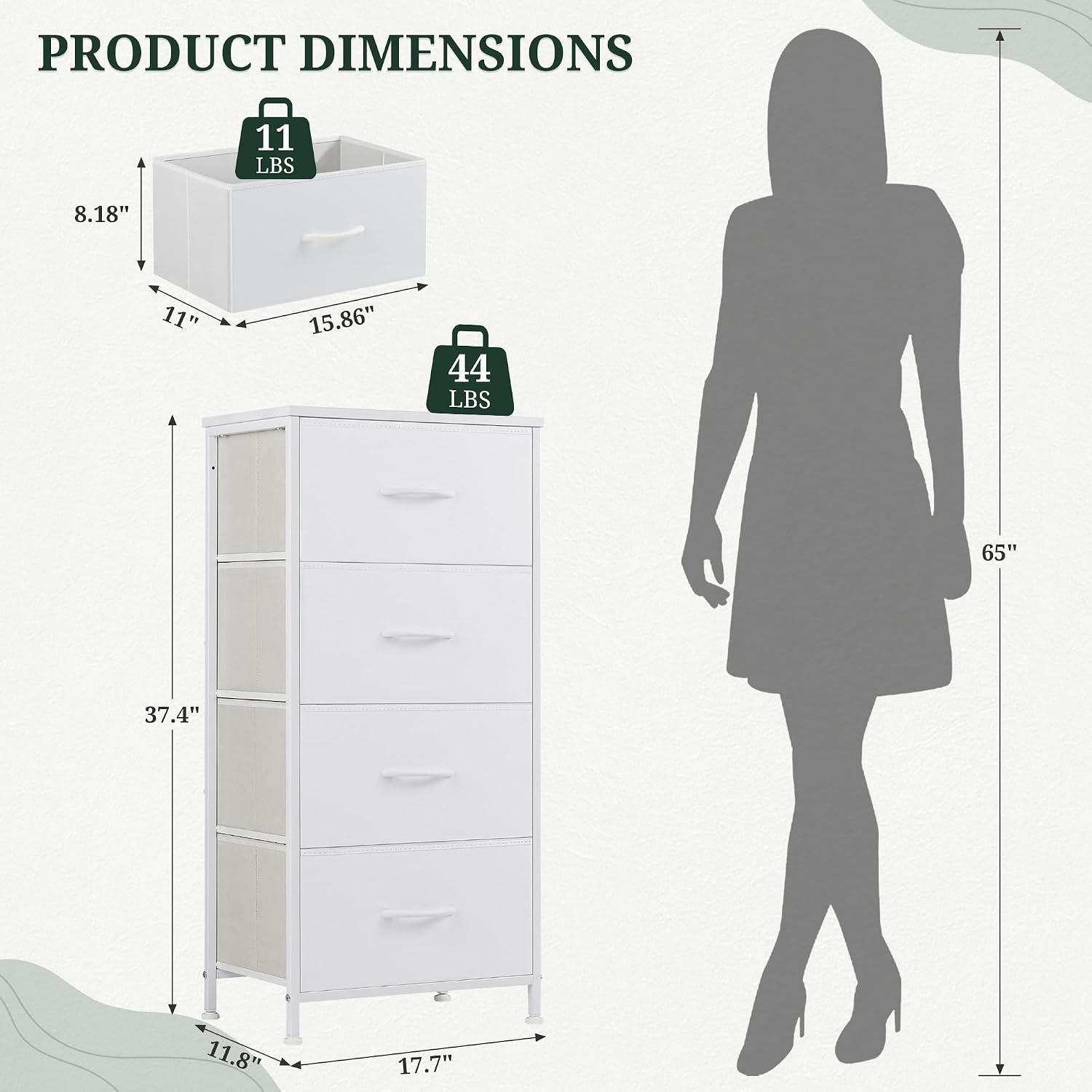 4 Drawers Dresser for Bedroom Fabric Storage Tower with Wooden Top | Steel Frame Tall Chest of Drawers for Closet, Entryway, Dorm, White
