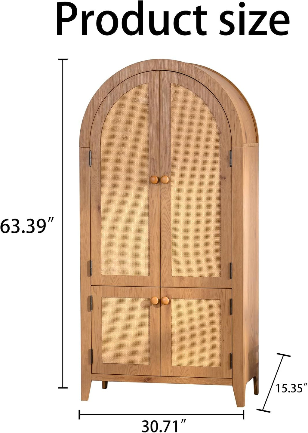 Arched Kitchen Pantry Cabinet, 63.39" Tall Kitchen Storage Cabinets, Rattan Bookcase with Doors and Adjustable Shelves, Freestanding Cupboard for Living Room, Dining Room - Natural