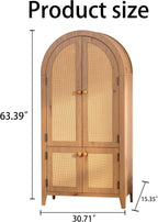 Arched Kitchen Pantry Cabinet, 63.39" Tall Kitchen Storage Cabinets, Rattan Bookcase with Doors and Adjustable Shelves, Freestanding Cupboard for Living Room, Dining Room - Natural