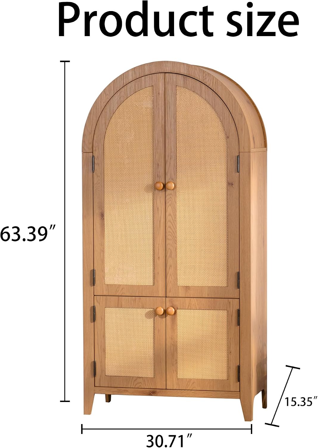 Arched Kitchen Pantry Cabinet, 63.39" Tall Kitchen Storage Cabinets, Rattan Bookcase with Doors and Adjustable Shelves, Freestanding Cupboard for Living Room, Dining Room - Natural