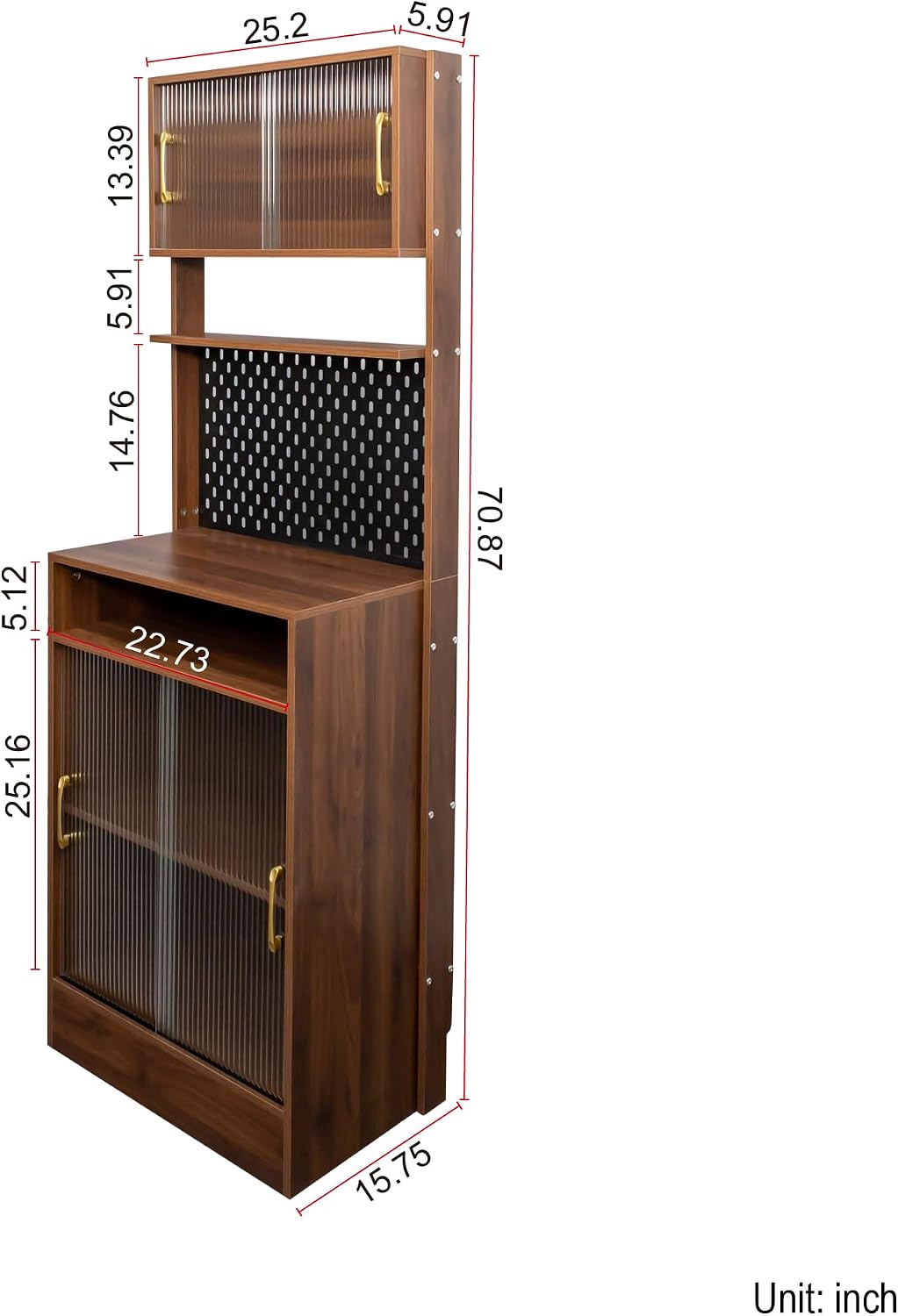 71" Kitchen Hutch Cabinet with Storage Pantry Storage Cabinet with Striped Glass Doors, Pegboard, Open Shelf and Countertop, Cupboard for Kitchen Dining Room, Walnut