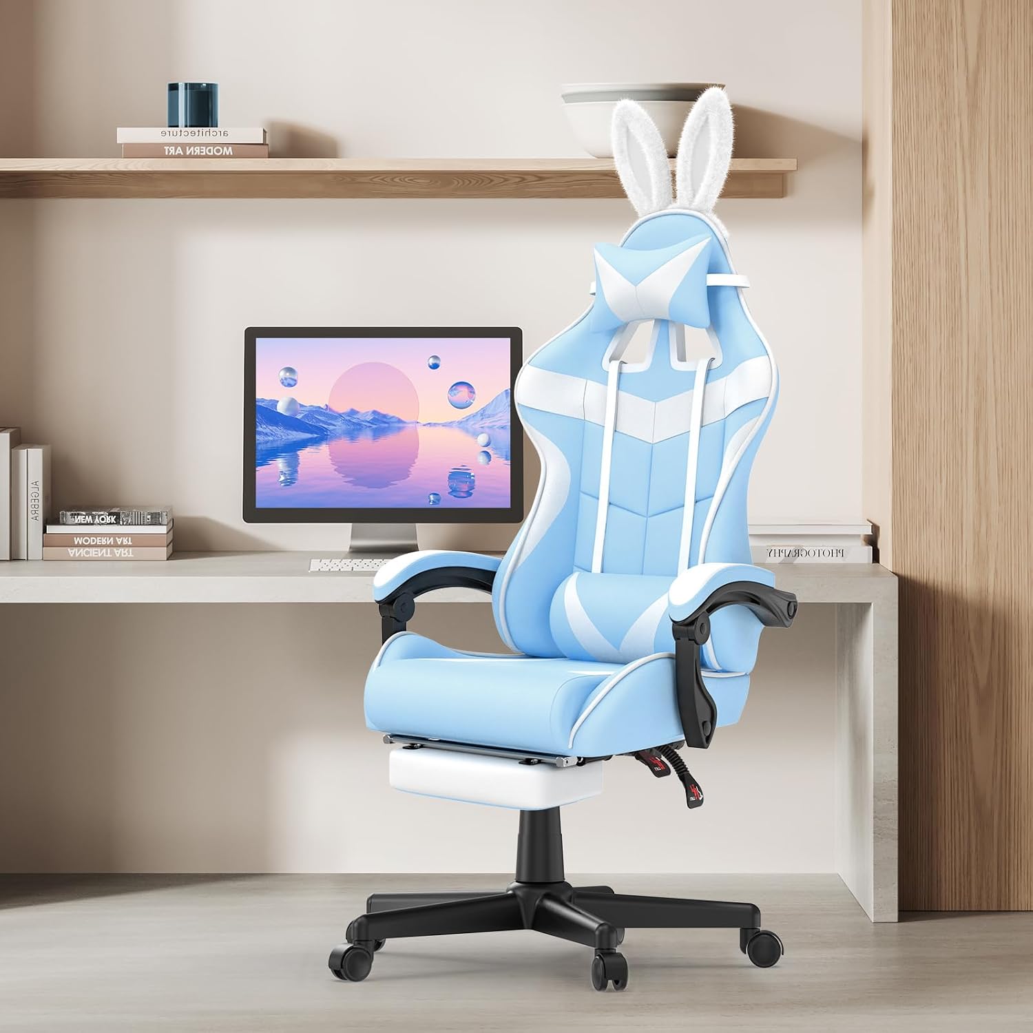 Huracan Gaming Computer Chair with Footrest, Adjustable Video Game Chairs for Adults, Heavy Duty Office Chair with Headrest and Lumbar Support, Baby Blue