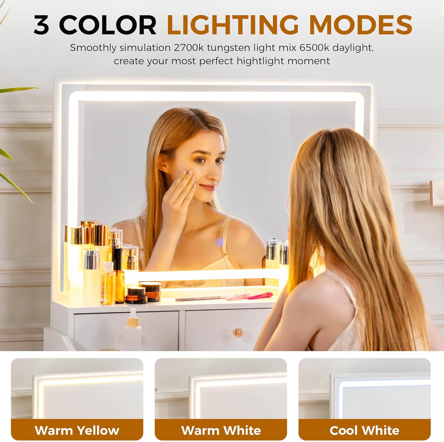COMHOMA Makeup Vanity Desk with Mirror and Lights, Vanity Table and Chair Set with 5 Drawers & Charging Station, Modern Dressing Table for Girls, Stepless Dimmable & 3 Color Adjustable, Pearl White