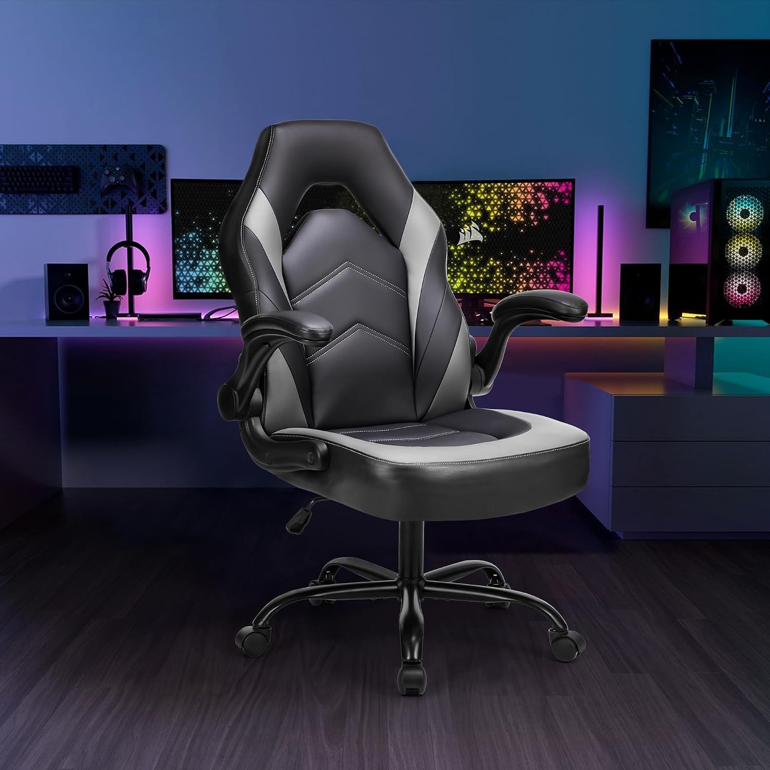OLIXIS Computer Gaming Desk Chair - Ergonomic Video Game with Comfy Lumbar Support and headrest, PU Leather with Flip-up Arms, Adjustable Height and Swivel Wheels, for Adults, Dark Grey
