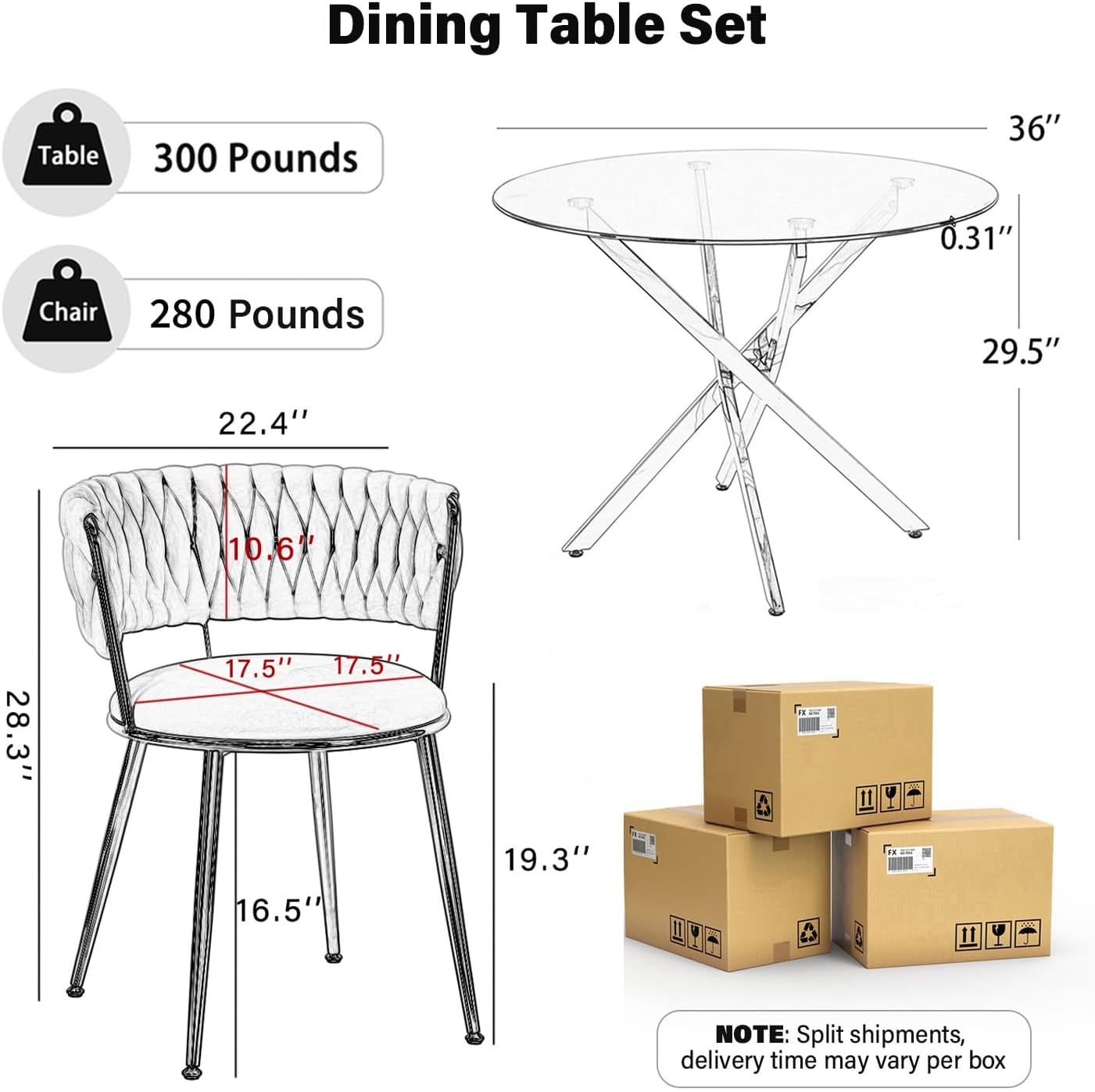 Modern Minimalism Circle Dining Table Set of 4, 36'' Round Tempered Glass Table Top with Silver Base & 4 Grey Silver Velvet Dining Chairs, 5-Piece Dining Room Table Set (Easy Assembly)