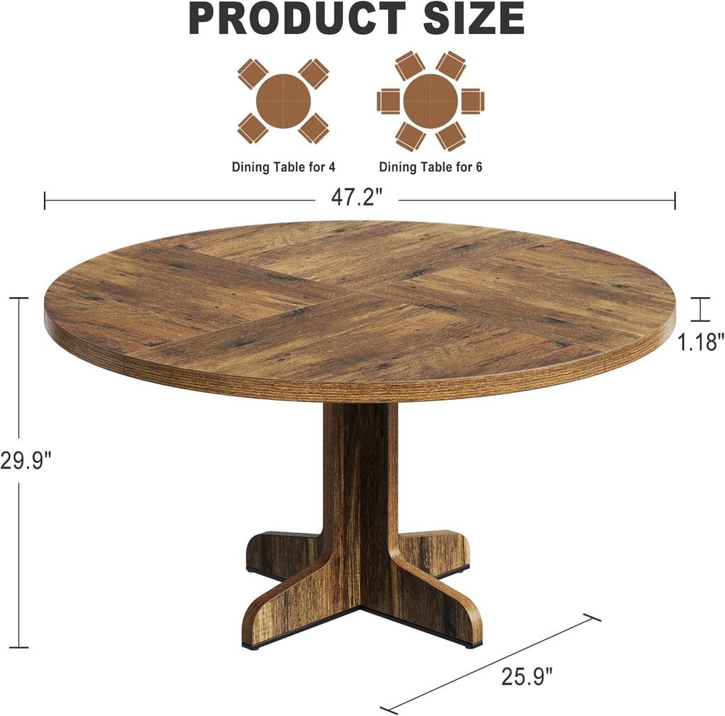 47" Round Dining Table for 4, Farmhouse Kitchen Dining Room Table, Brown | Circle Dinner Table, Kitchen Dining Room Furniture (Table Only)