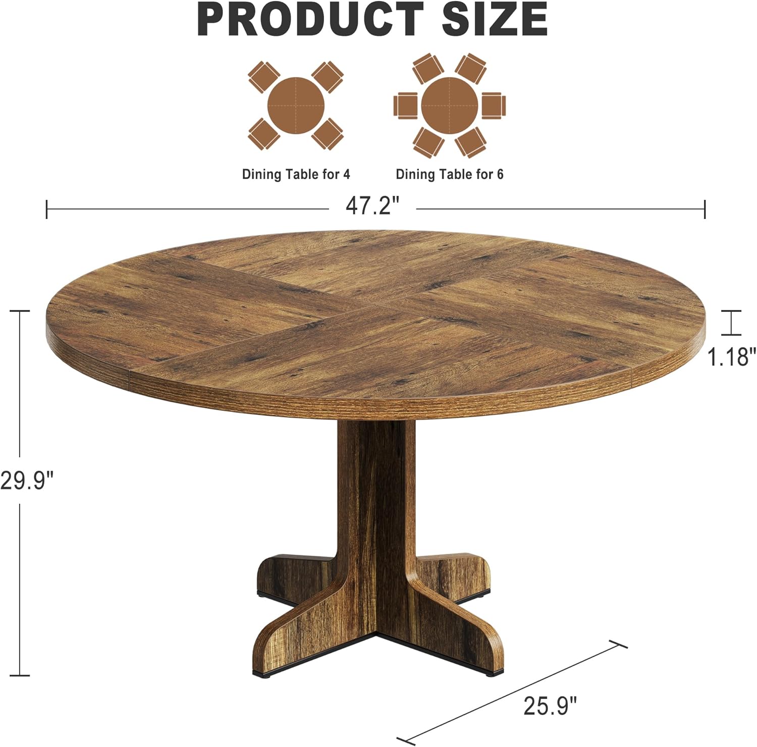 47" Round Dining Table for 4, Farmhouse Kitchen Dining Room Table, Brown | Circle Dinner Table, Kitchen Dining Room Furniture (Table Only)