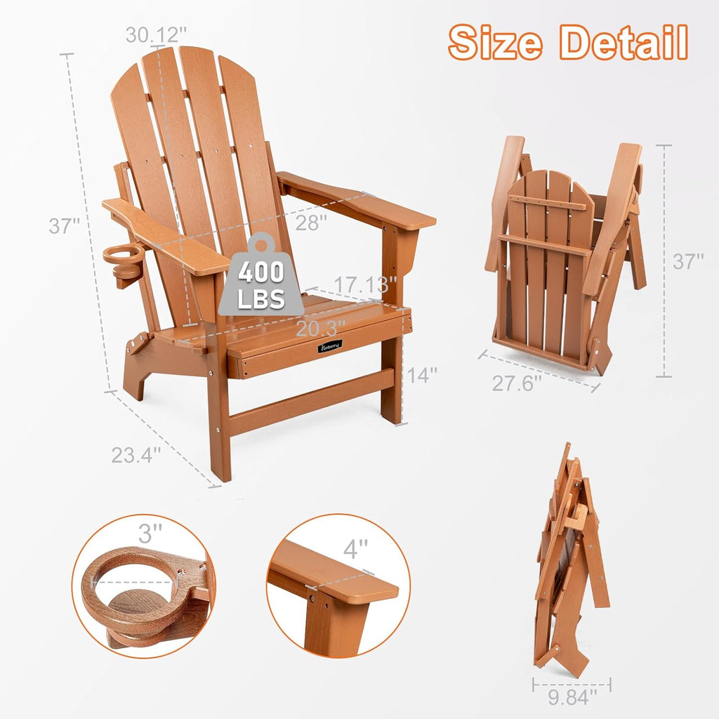 FUNBERRY Folding Adirondack Chairs Set of 2, HDPE Stable Gun-Leg Design Fire Pit Chairs with Cupholder All Weather for Outside