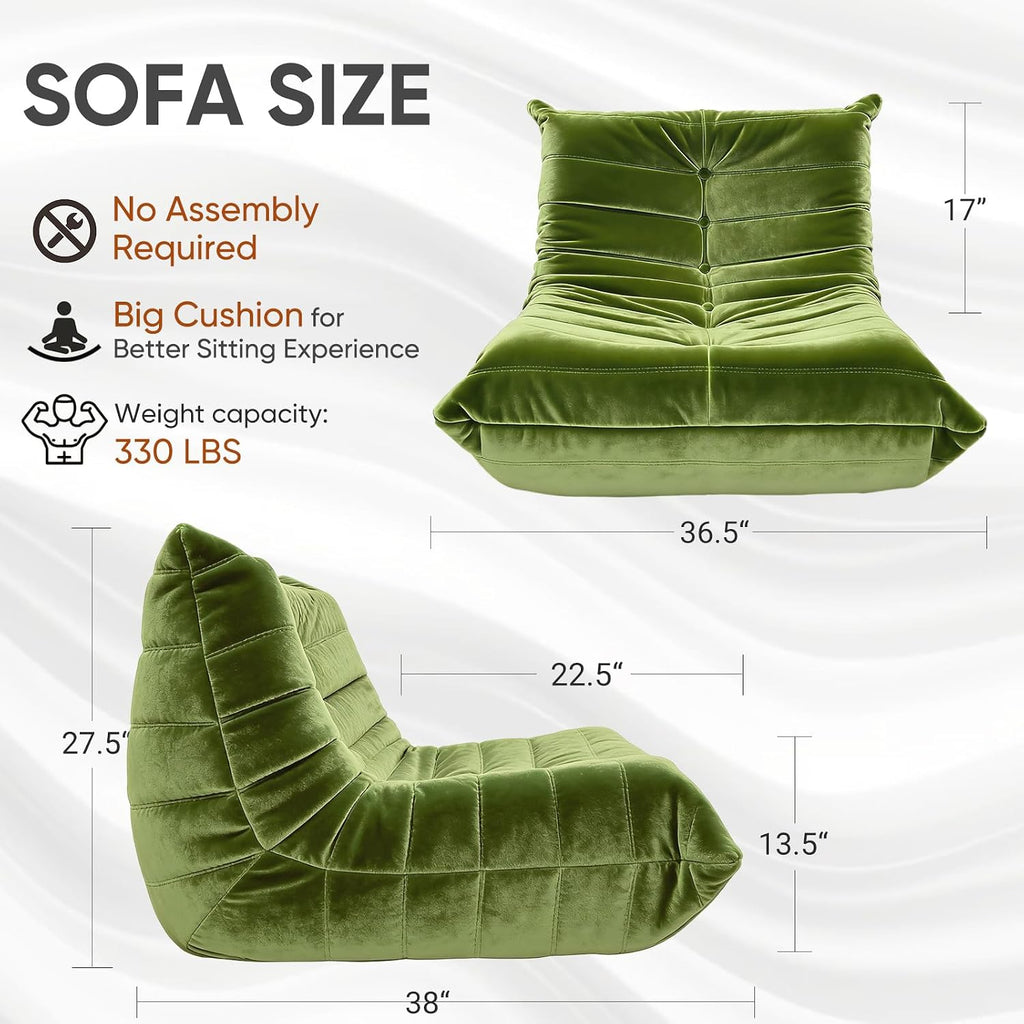 Trenda Bean Bag Chair for Adults, High-Density Foam, Dutch Velvet, Green | Togo chair with dual-layer foam, providing body-contouring support for reading, gaming, reclining and everyday lounging