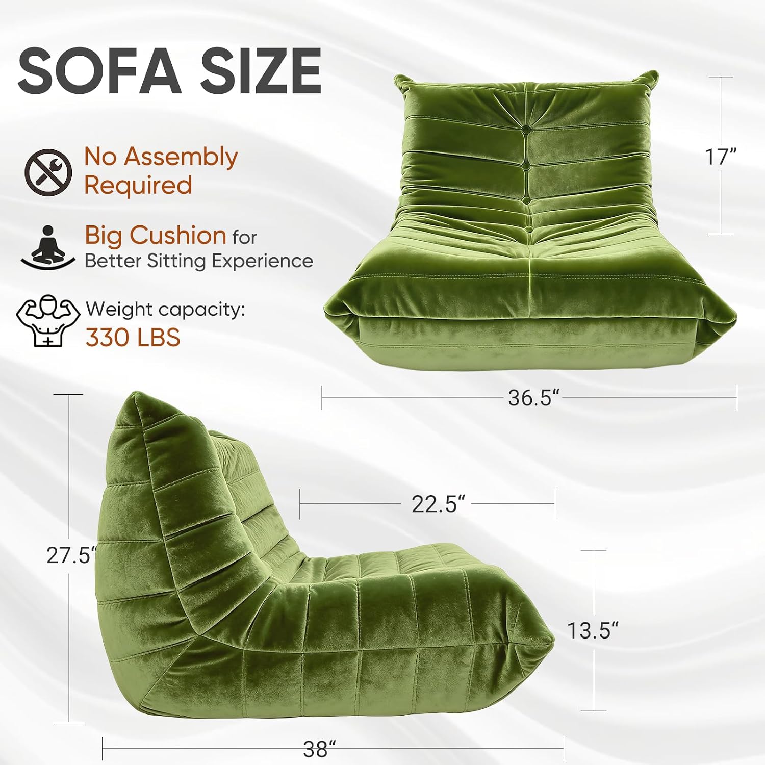 Trenda Bean Bag Chair for Adults, High-Density Foam, Dutch Velvet, Green | Togo chair with dual-layer foam, providing body-contouring support for reading, gaming, reclining and everyday lounging