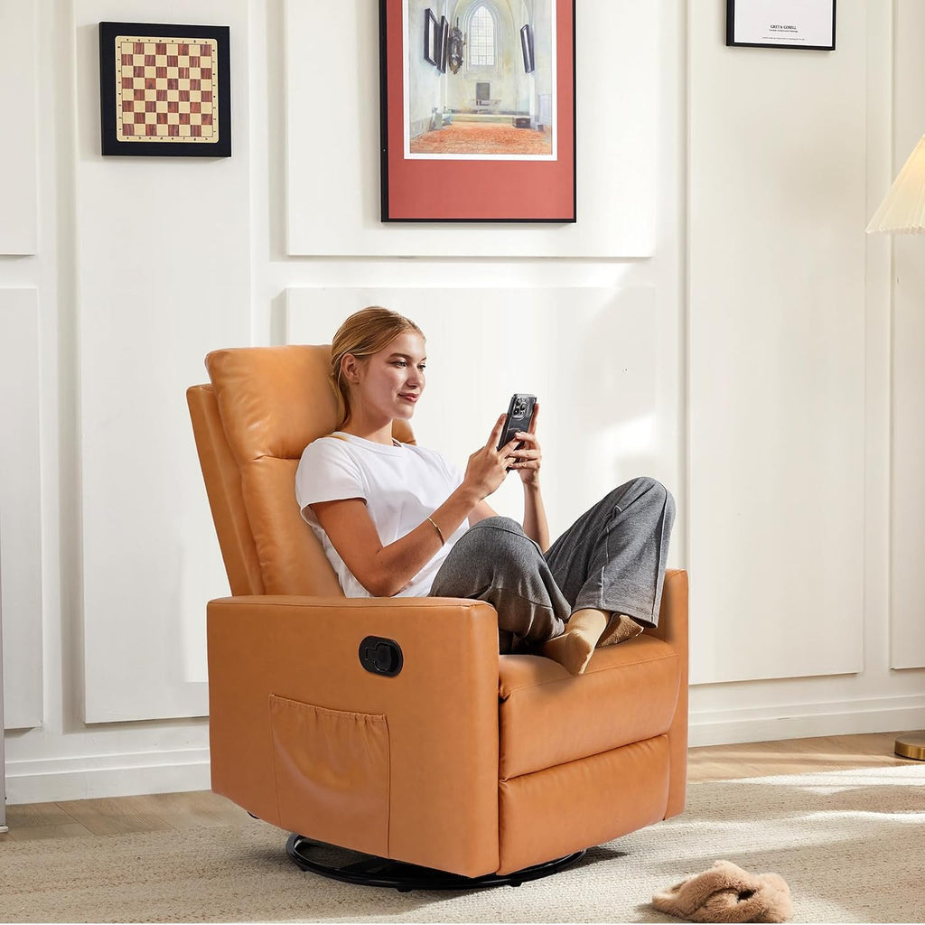 Swivel Rocker Recliner Chair, 360 Degree Glider with High Backrest & Padded Armrests, Manual Rocking Recliner for Nursery, Living Room, Bedroom, Small Spaces, Brown-v