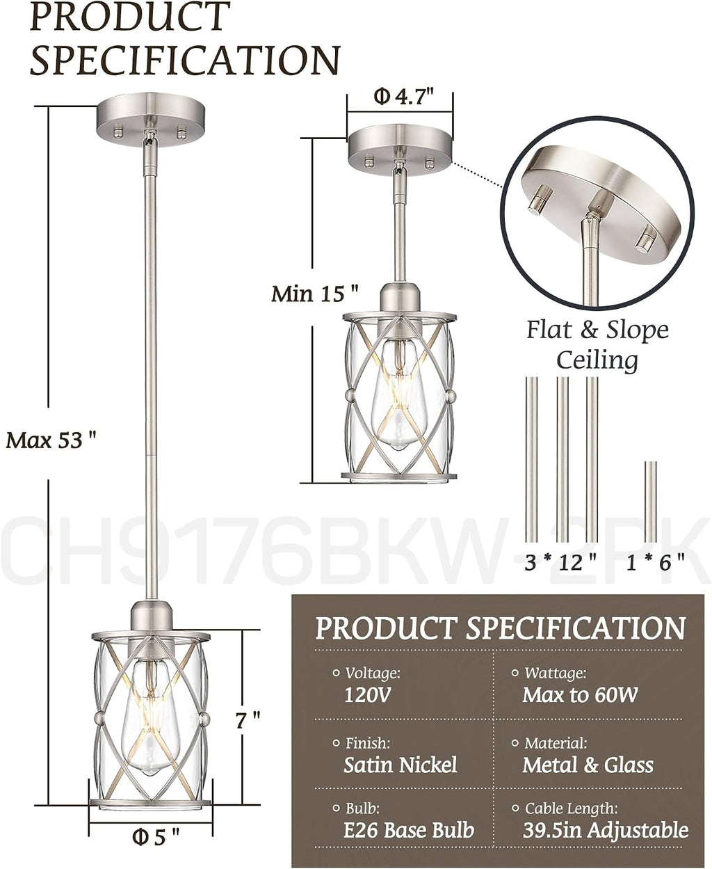 Brushed Nickel Pendant Lights Kitchen Island 3 Pack, Glass Kitchen Pendant Lighting Over Island with Rod, Modern Mini Hanging Light for Kitchen Sink Dining Room, CH9176BN-3PK
