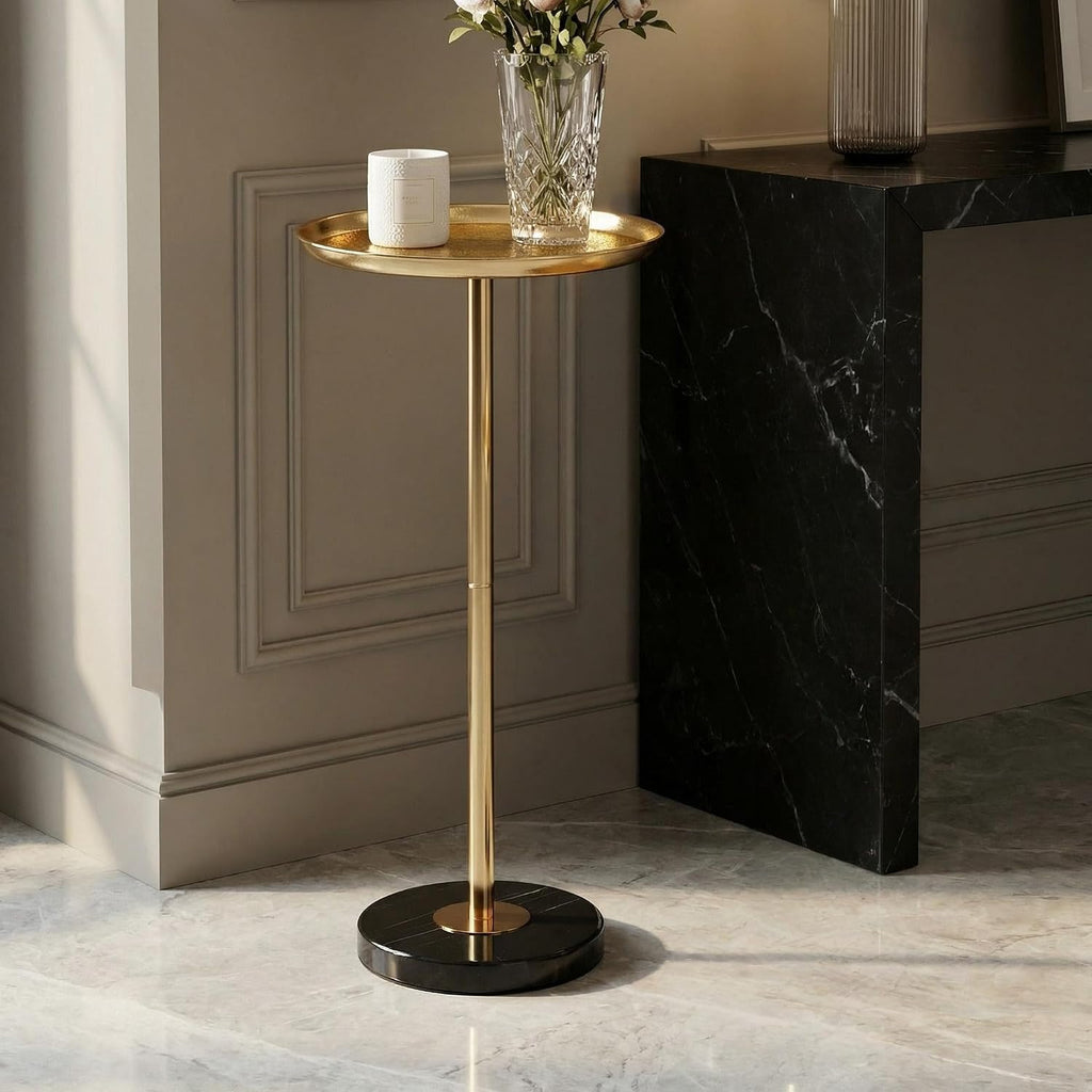 Adjustable Martini Side Table – Small Round Drink Table with Natural Marble Base, Gold Pedestal End Table with Tray Top for Living Room Sofa Bedroom Small Spaces