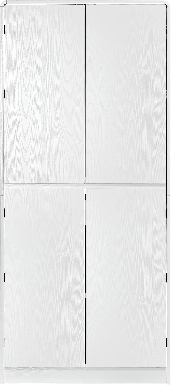Farmhouse Kitchen Pantry Cabinet with 8 Door Shelves, Curved Tall Storage Cabinet with Adjustable Shelves and Hidden Drawer, Wood Cupboard for Kitchen, Dining Room, Bathroom (White)