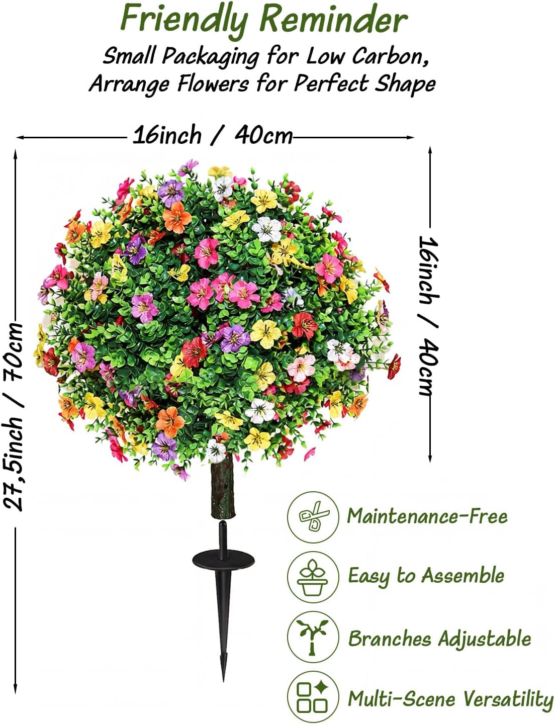 27.5" Artificial Boxwood Topiary Ball Trees with Colorful Flowers with Round Spike, Set of 2 UV Resistant Fake Bushes Outdoor Shrubs for Front Porch Planters, Weatherproof Faux Greenery Plants Decor