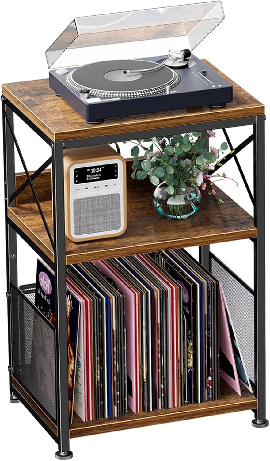 Simple Trending Record Player Stand, Turntable Stand with Vinyl Storage Holds Up to 200 Albums, Record End Table for Living Room, Rustic Brown