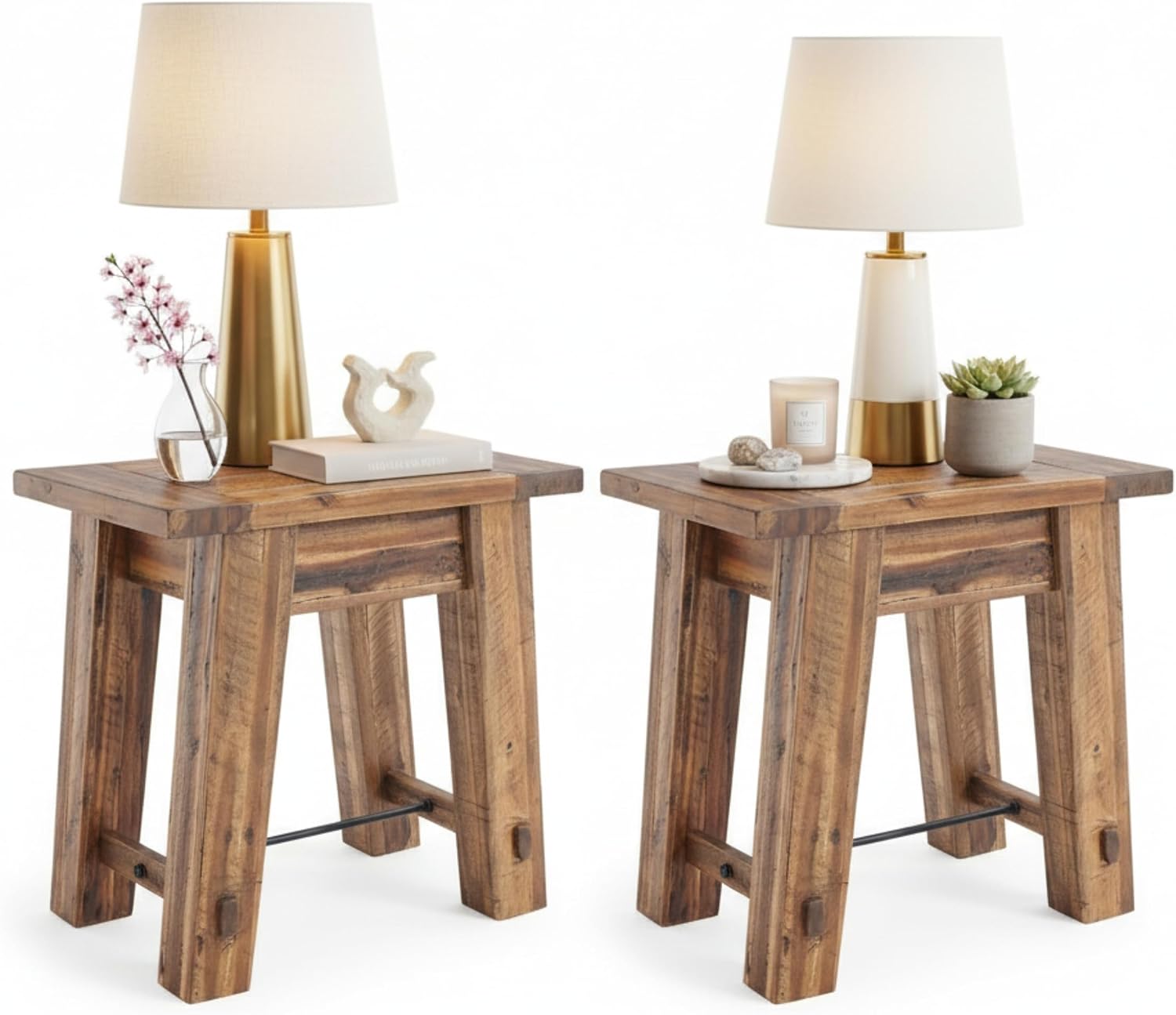 Alaterre Furniture Durango 27-Inch Solid Wood Side Table – Set of 2 Heavy-Duty Industrial End Tables with 100lb Capacity for Living Room, Bedroom, or Office (Natural Grain Lacquer Finish)