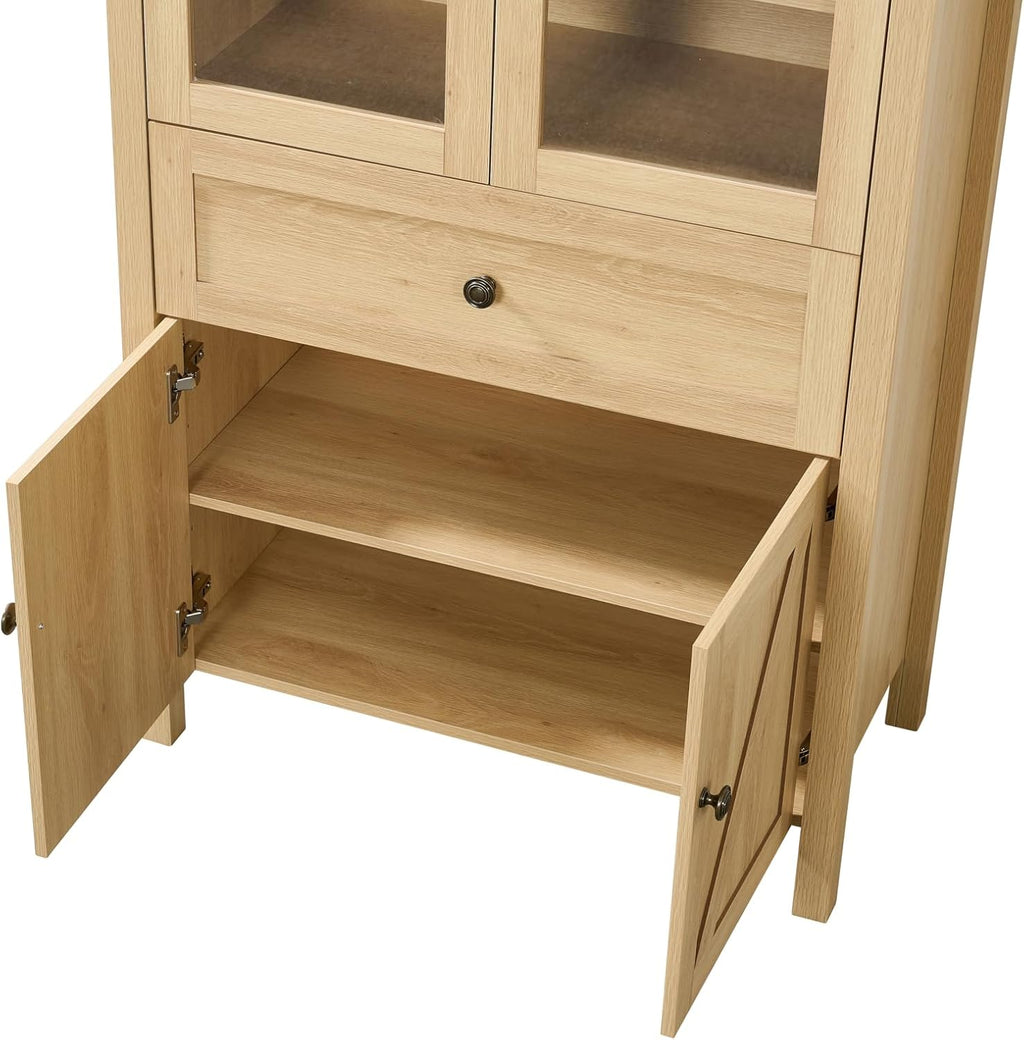71" Retro Arched Kitchen Pantry Cabinet, Tall Storage Cabinet with Drawer, Wood Cabinets with Doors and Shelves, Standing Utility Cabinets for Kitchen, Dining Room, Living Room (Natural)