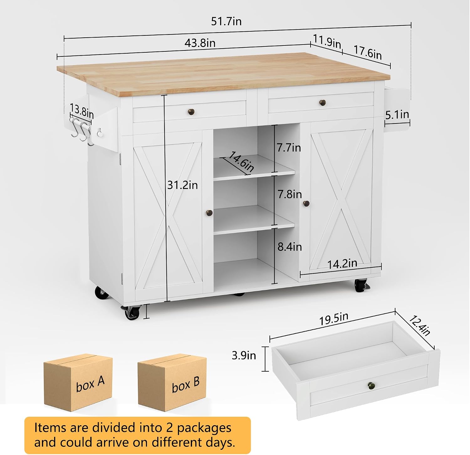 HLR Kitchen Island On Wheels, Rolling Kitchen Island Cart with Drop Leaf Countertop, Barn Door Kitchen Islands Table with Storage Cabinet and Tower Rack, Island Table for Kitchen