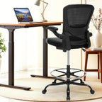 Drafting Chair Tall Office Chair with PU Leather Seat, 400lbs Ergonomic Standing Desk Chair with Lumbar Support,Counter Stool with Adjustable Footrest Ring & Flip-up Armrests,Black