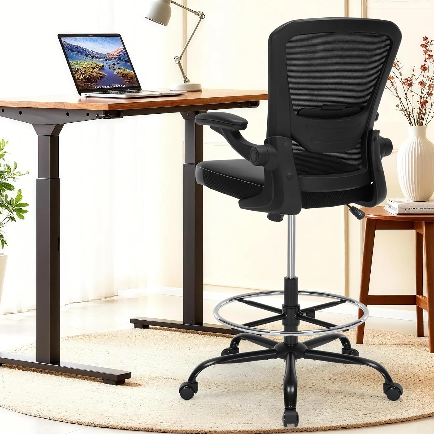 Drafting Chair Tall Office Chair with PU Leather Seat, 400lbs Ergonomic Standing Desk Chair with Lumbar Support,Counter Stool with Adjustable Footrest Ring & Flip-up Armrests,Black