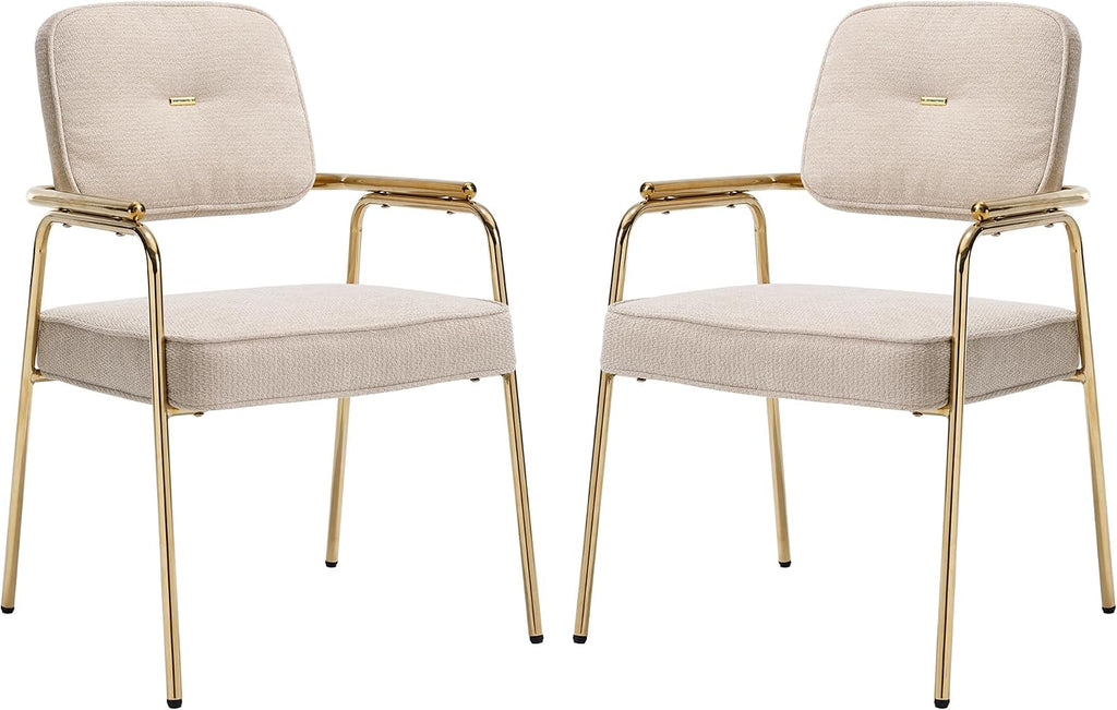 HENGJIANYI Accent Chair Dining Chair Set of 2, Chenille Upholstered Armchair Reading Side Chair, Comfy Living Room Chair with Gold Metal Legs for Bedroom Waiting Room, Beige