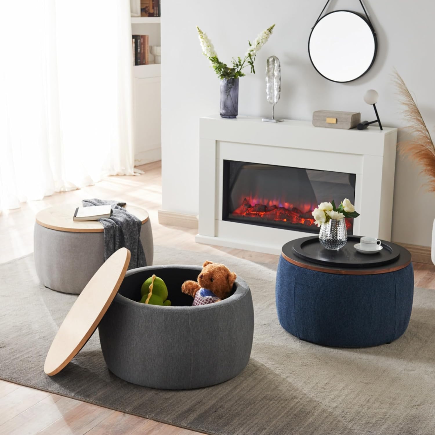 Round Storage Ottoman, 2 in 1 Multifunctional Ottoman, End Table & Footrest Stool with Hidden Storage for Living Room Bedroom Entryway (Navy)