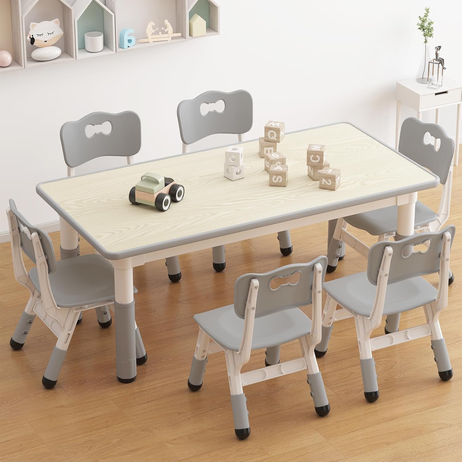 GAOMON Kids Table and 6 Chairs Set, Height Adjustable Toddler Table and Chair Set for Ages 2-10, Graffiti Desktop, Non-Slip Legs, Children Activity Table for Daycare Classroom Home