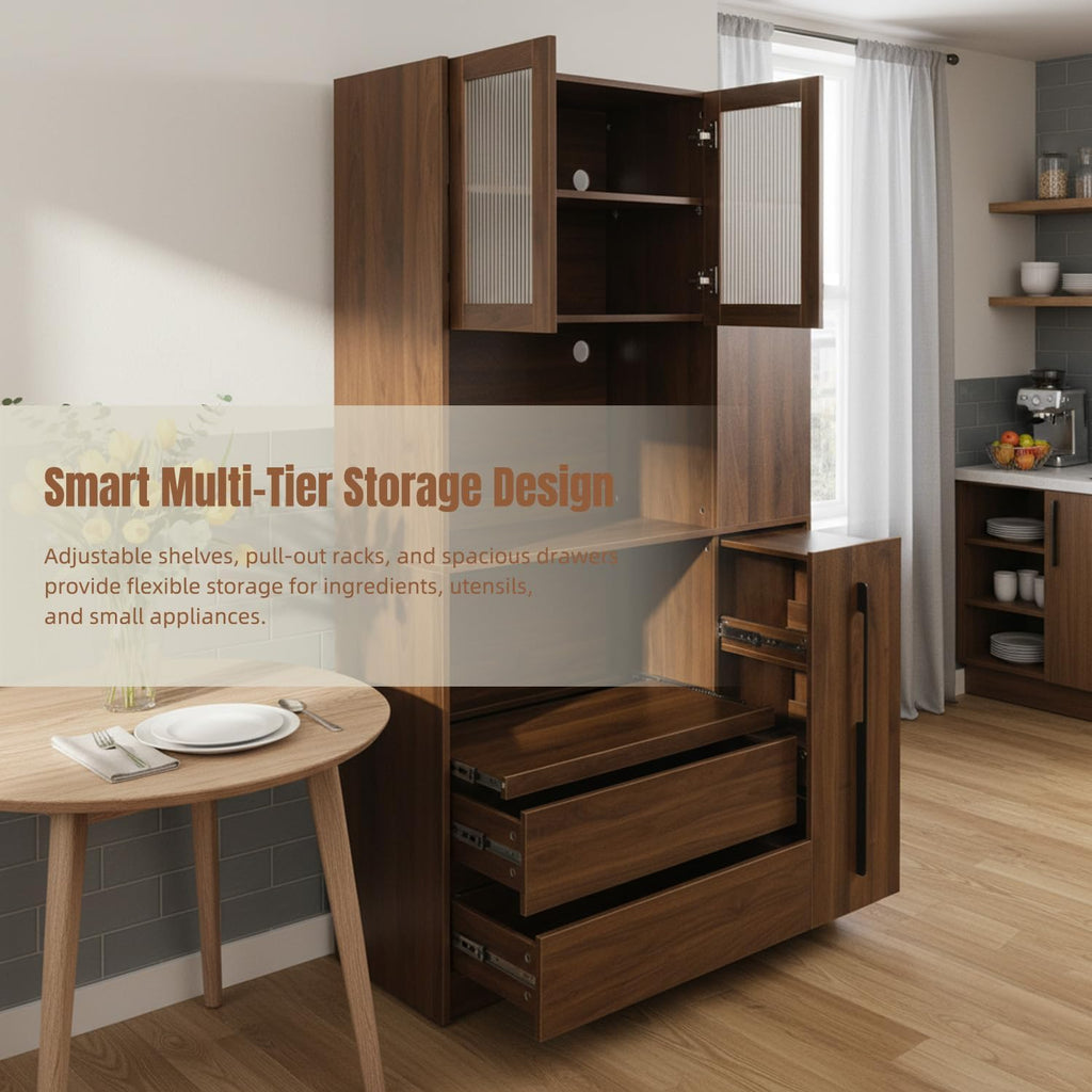 70.87" Tall Microwave Cart with Storage, Kitchen Pantry Cabinet with Multi-functional Pull-out Multi-tier Storage Shelf, 4-Tier Side Shelf 2 Drawers with Glass Door for Dining Room Home Office, Walnut