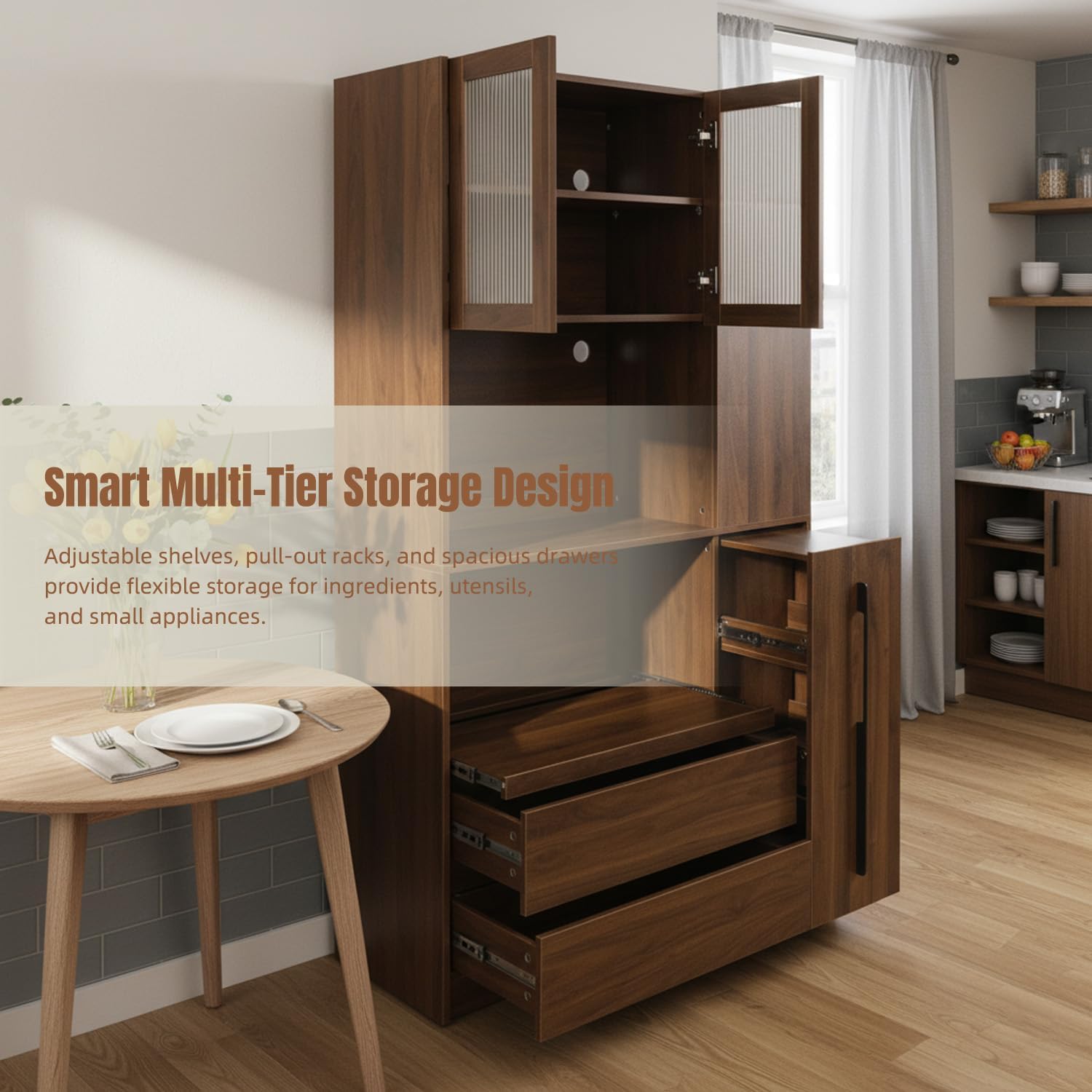 70.87" Tall Microwave Cart with Storage, Kitchen Pantry Cabinet with Multi-functional Pull-out Multi-tier Storage Shelf, 4-Tier Side Shelf 2 Drawers with Glass Door for Dining Room Home Office, Walnut