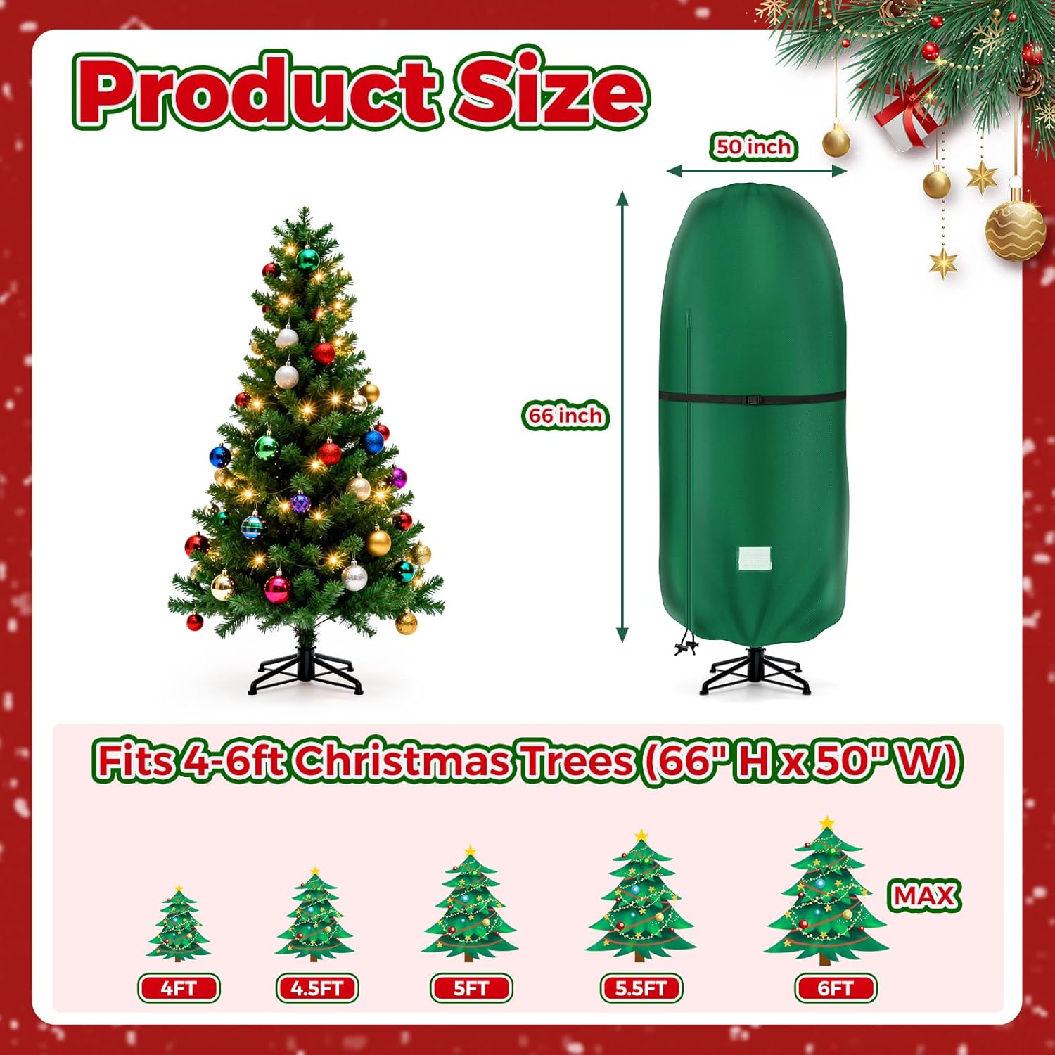 Christmas Tree Cover - 420D Waterproof Oxford Cloth Storage Bag for 4-6 FT Christmas Trees, Metal Zipper & Adjustable Straps (66" H x 50" W)